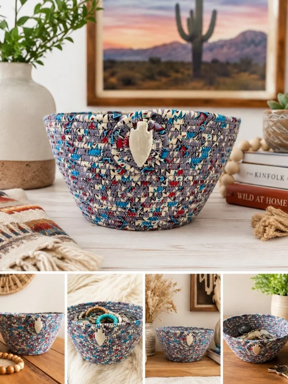 Handcrafted Southwest Fabric Wrapped Rope Bowl Multicolor Arrowhead Boho Decor
